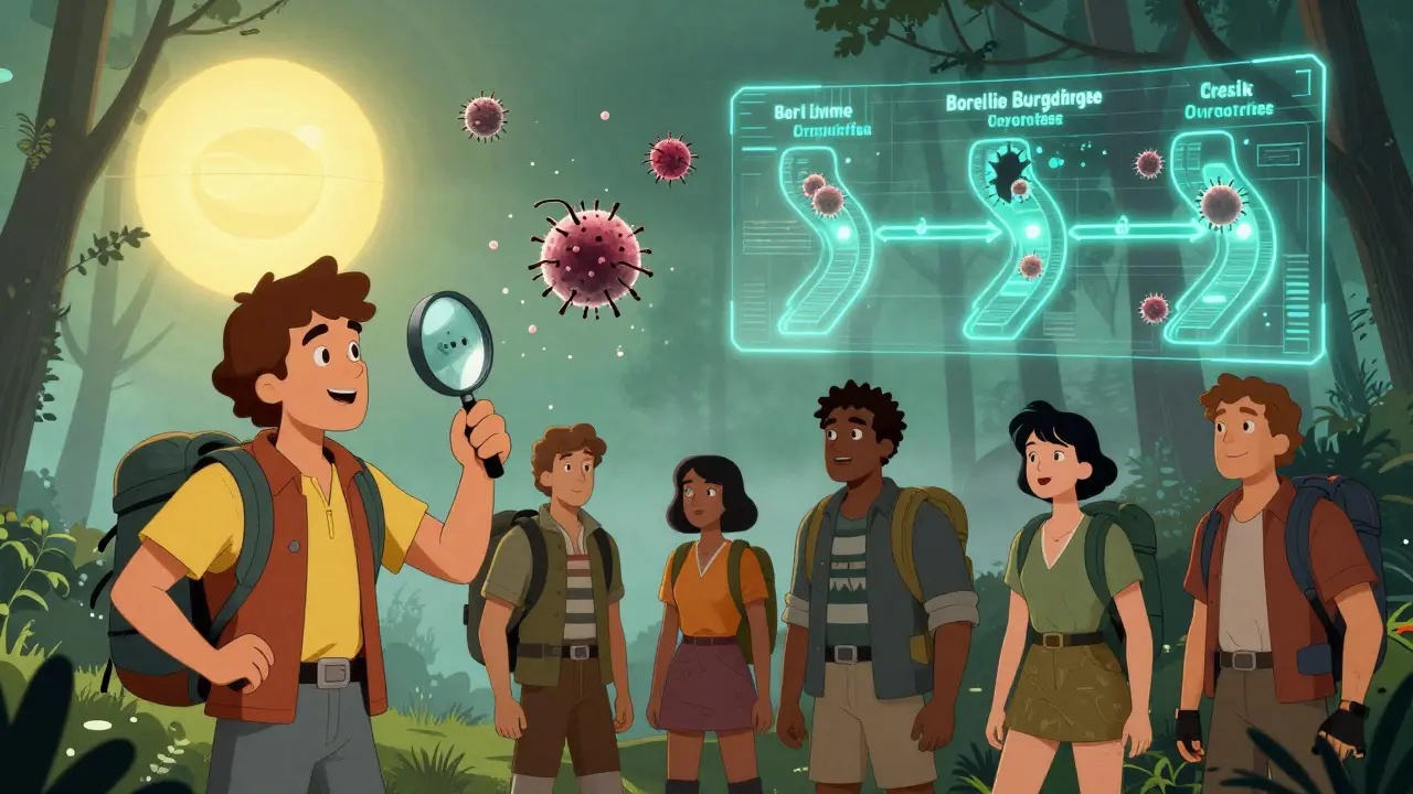 Hikers checking for ticks under a glowing sun, with microscopic bacteria and a neon timeline floating in the forest air.