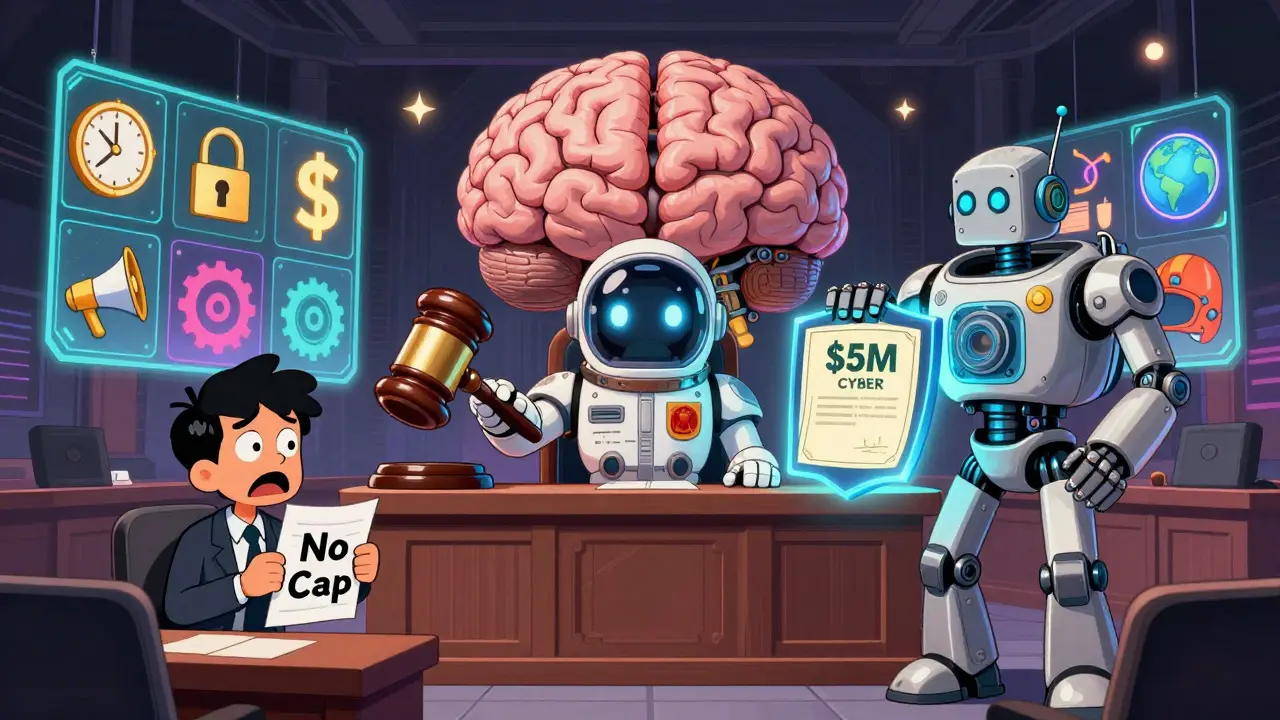 Mechanical courtroom inside a brain, with a judge and floating indemnification icons.