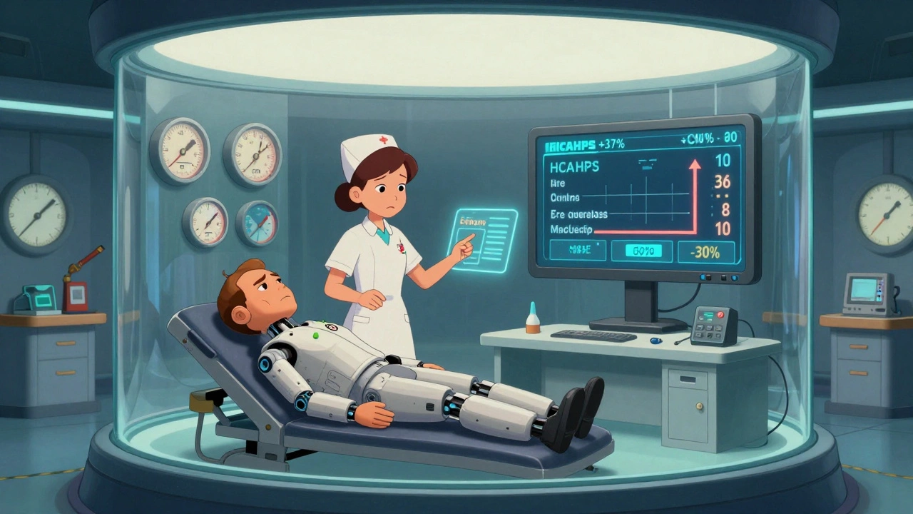 Medical trainees practicing empathy with robotic patients in a glowing simulation chamber.