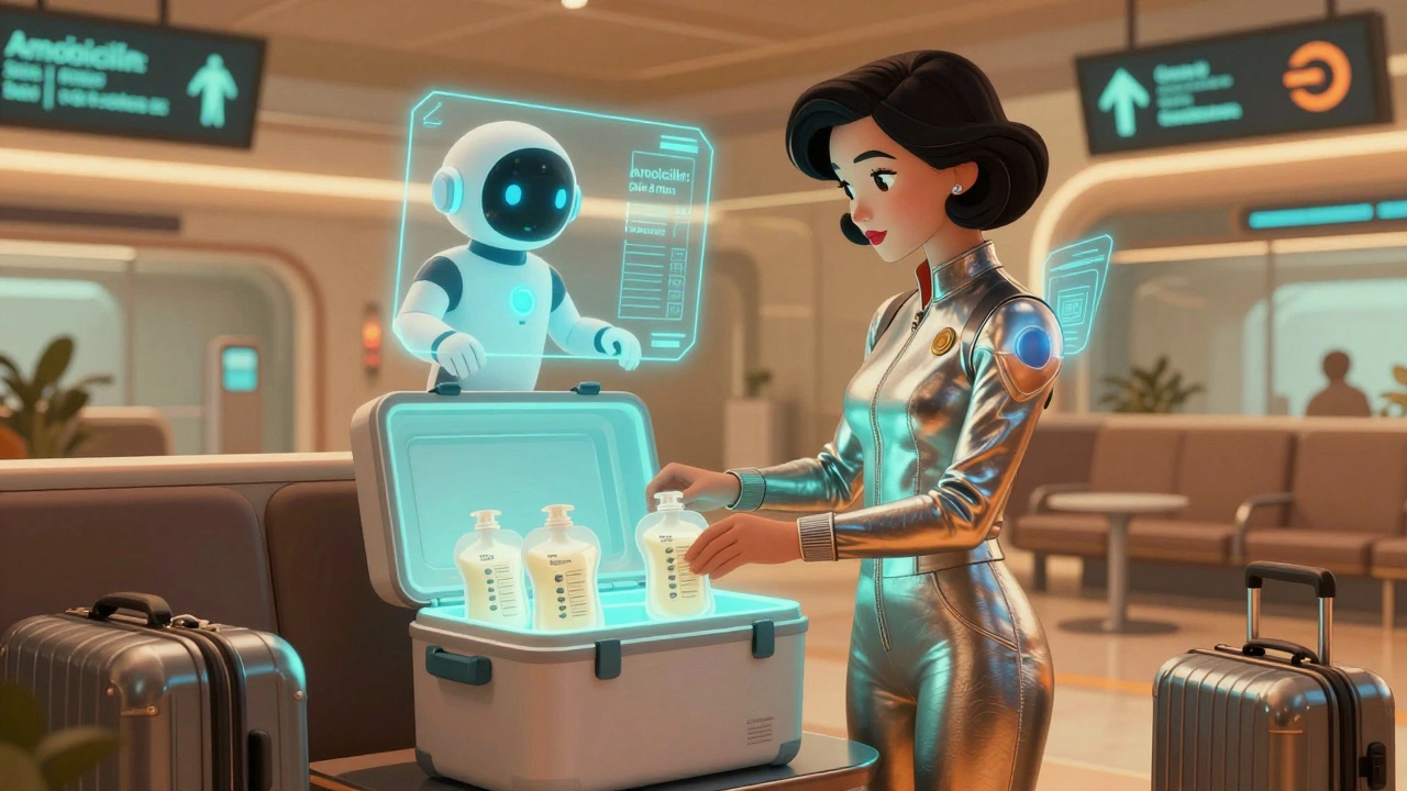 Mother storing labeled breast milk in a glowing insulated cooler at a futuristic airport lounge.