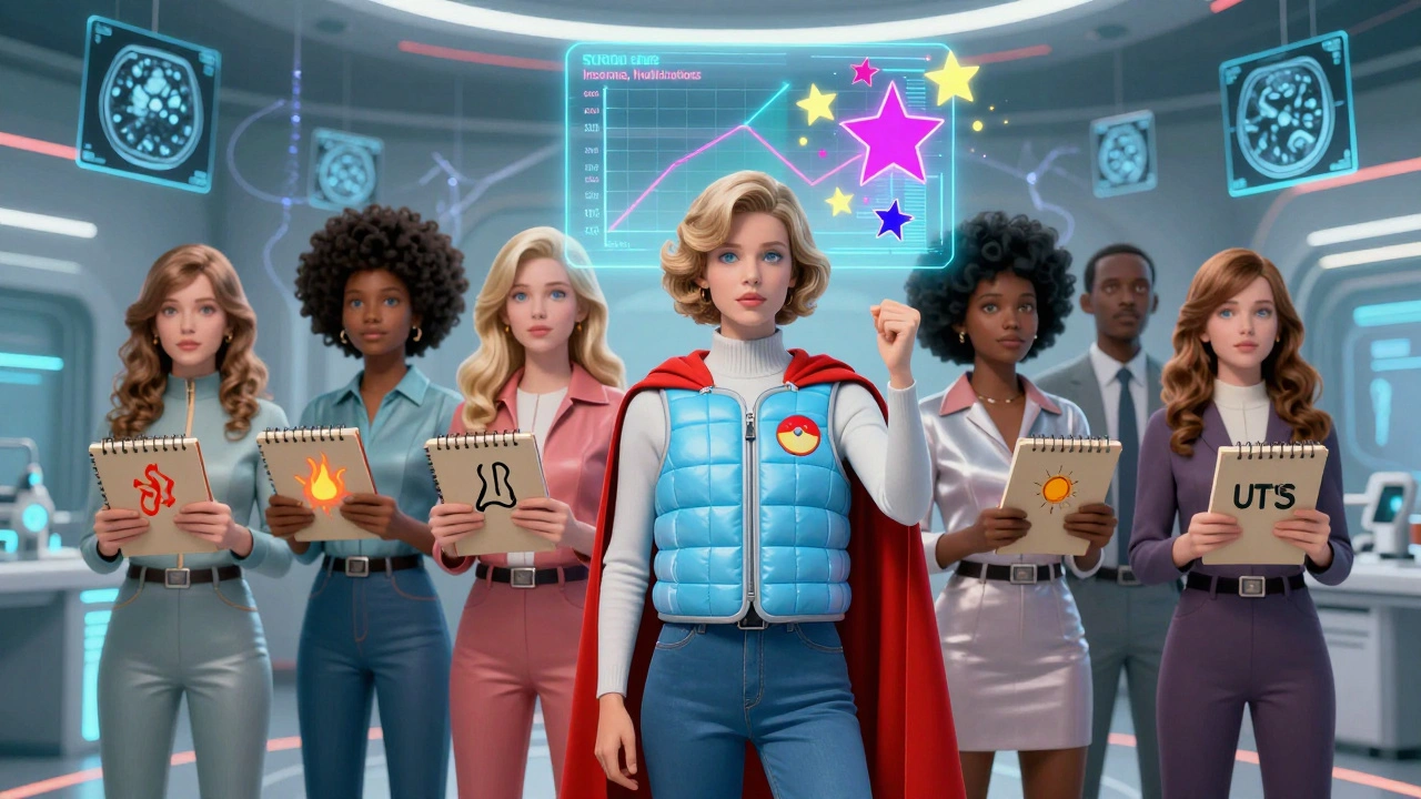 MS patients holding symptom journals in a futuristic clinic, with a hologram showing steroid side effects as warning stars.