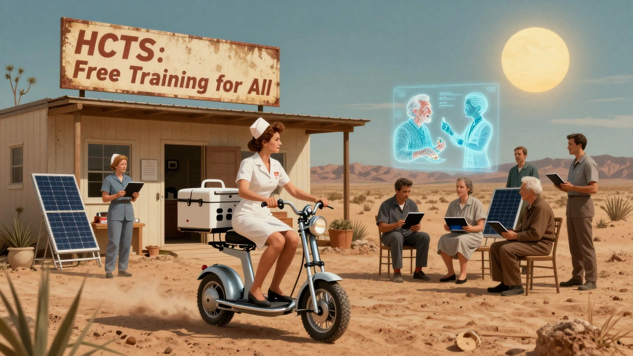 Nurse delivers communication training to rural clinic staff using solar-powered tablets.