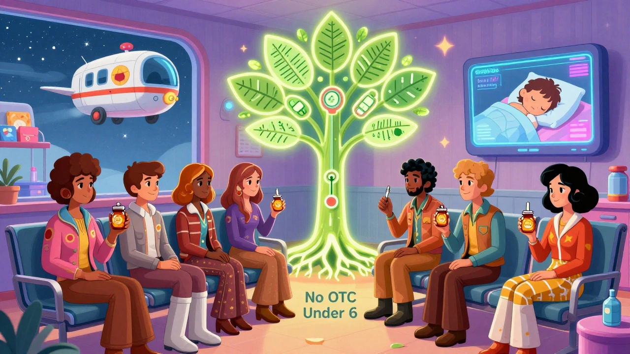 Parents in retro-futuristic outfits hold honey jars as a glowing tree of medical guidelines grows in a neon-lit pediatric waiting room.