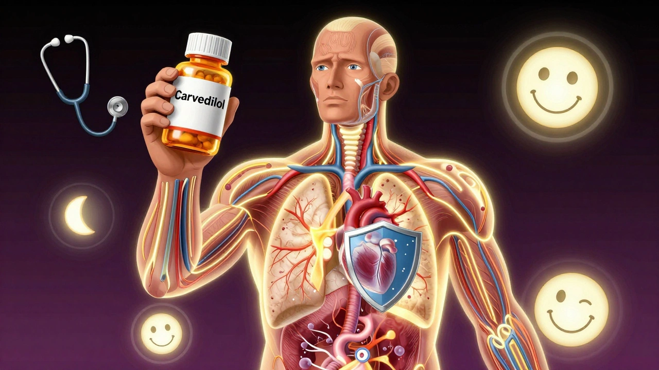 Patient floating above a glowing body map with carvedilol’s protective light and medical icons in 1980s sci-fi style.