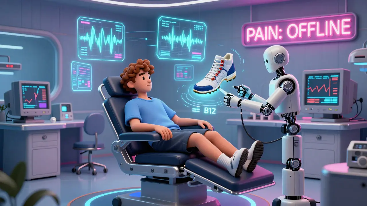 Patient in futuristic chair with holographic pain treatments and B12 injection