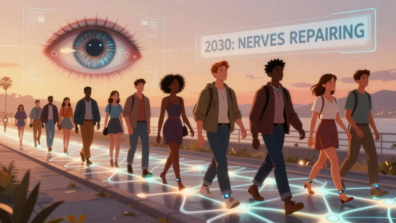 People walking on glowing nerve-path sidewalk under AI monitoring