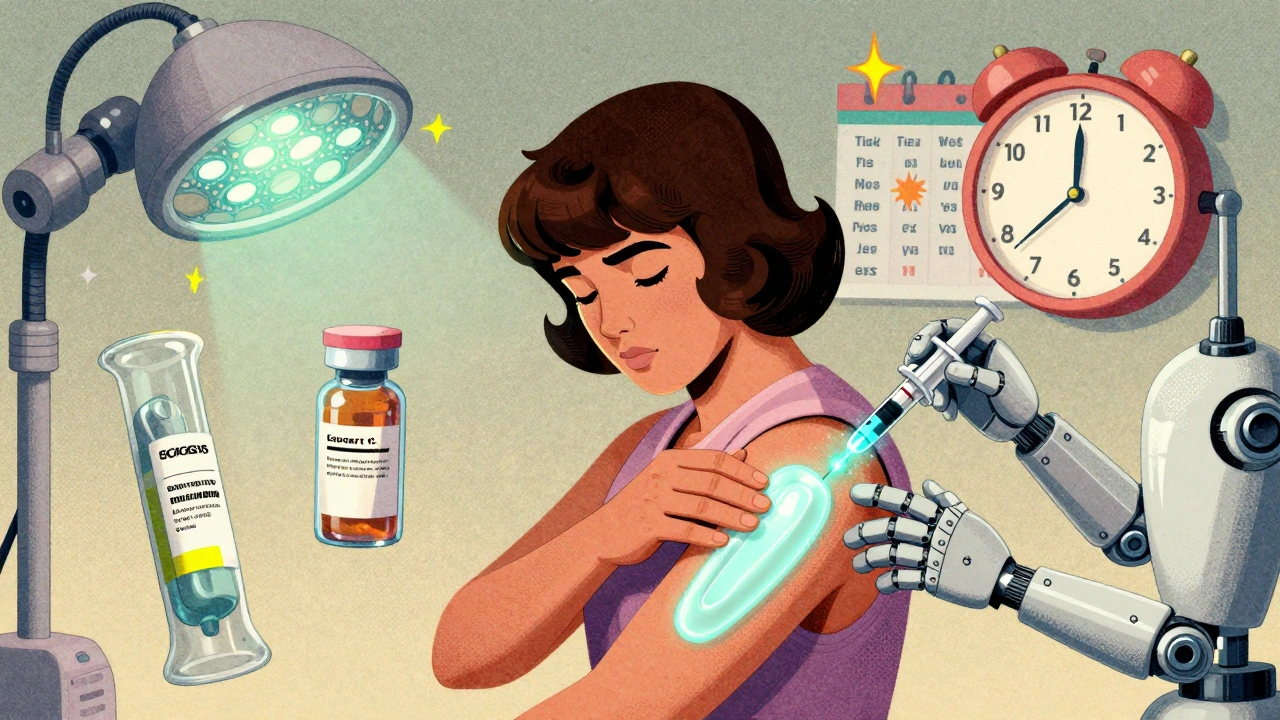 Person applying moisturizer as floating biologics and phototherapy devices hover nearby in 1970s sci-fi cartoon style.