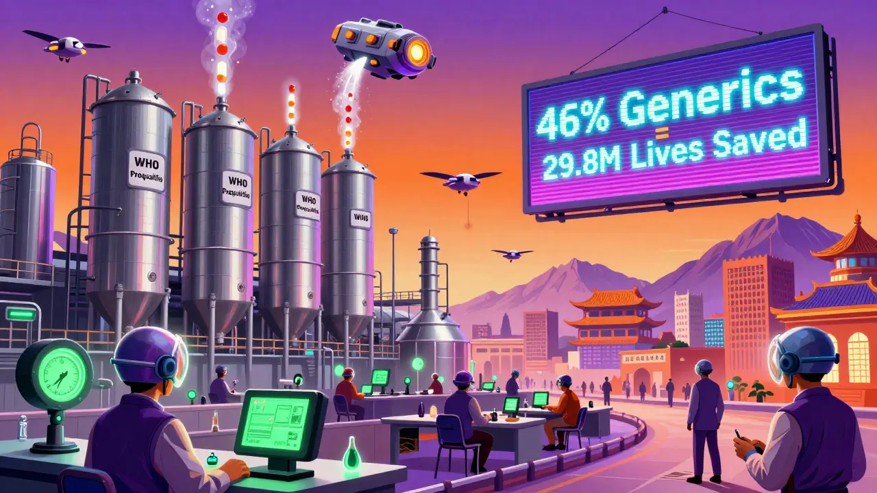 Retro-futuristic generic medicine factory with drones delivering pills to remote clinics under a glowing billboard.