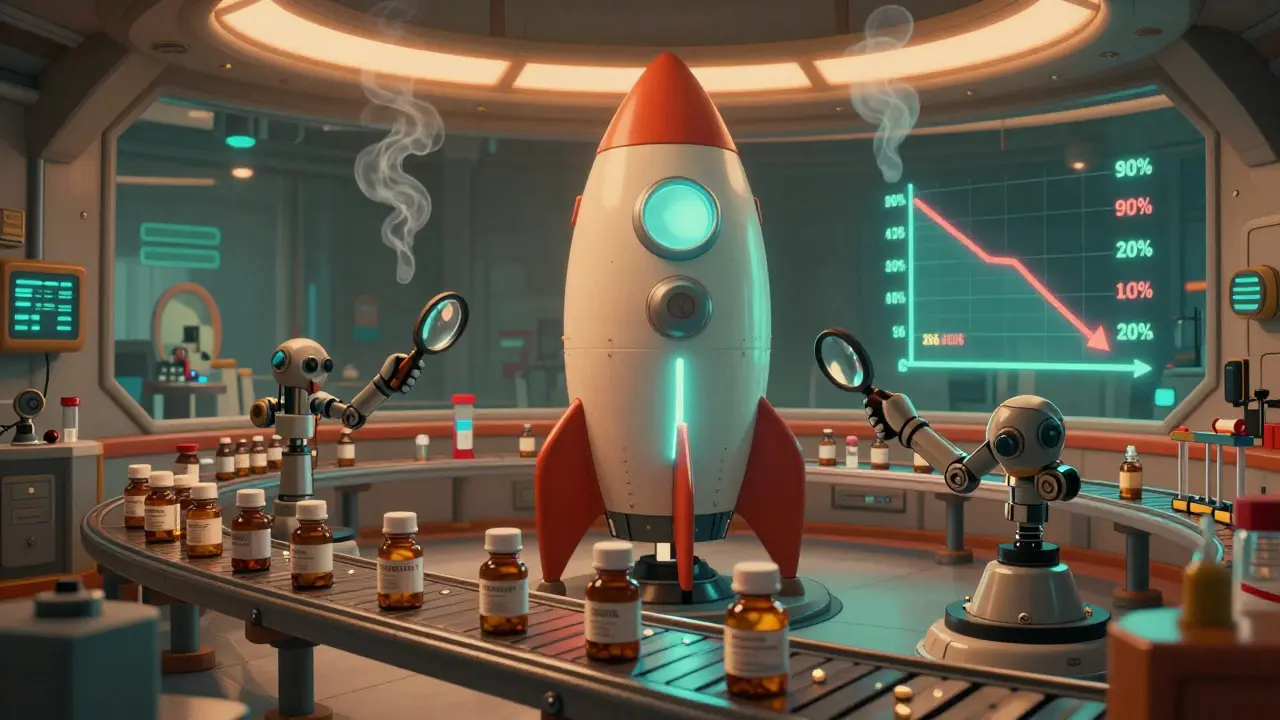 Rocket-shaped stability chamber with robotic arms testing pills, glowing graphs showing potency decline over years.