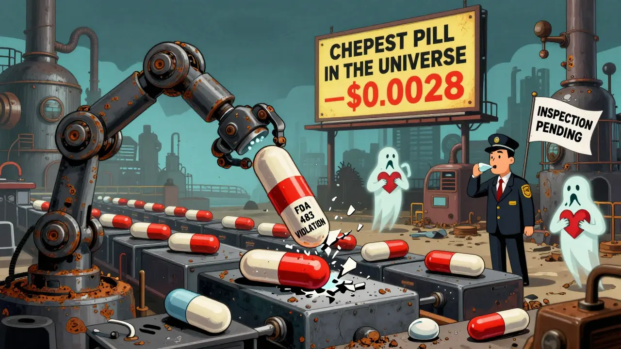 Rusty pill assembly line with failing quality control and warning signs