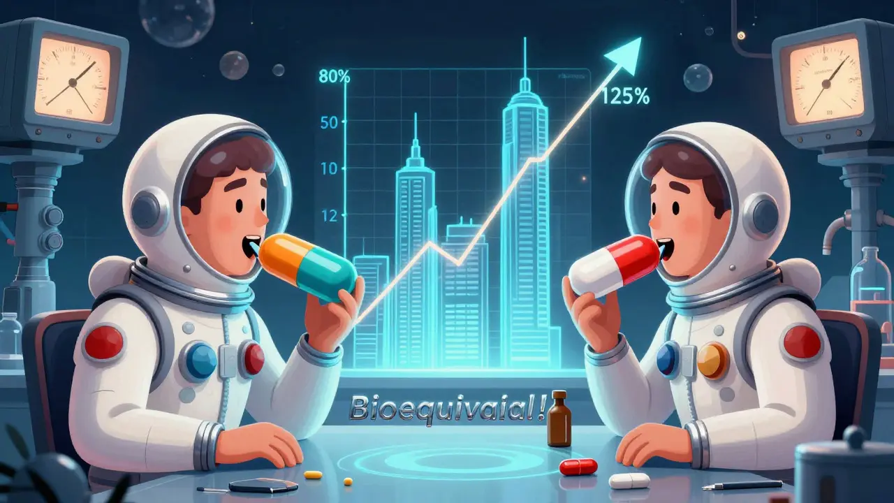 Scientists watch holographic absorption curves rise as branded and generic pills are swallowed by a stylized human.