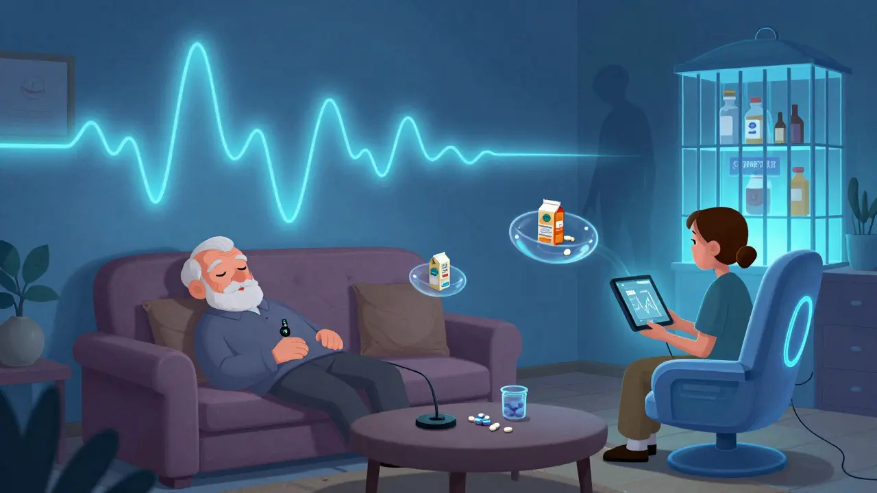 Senior sleeping peacefully as a glowing CGM monitor displays safe blood sugar levels in a futuristic living room.