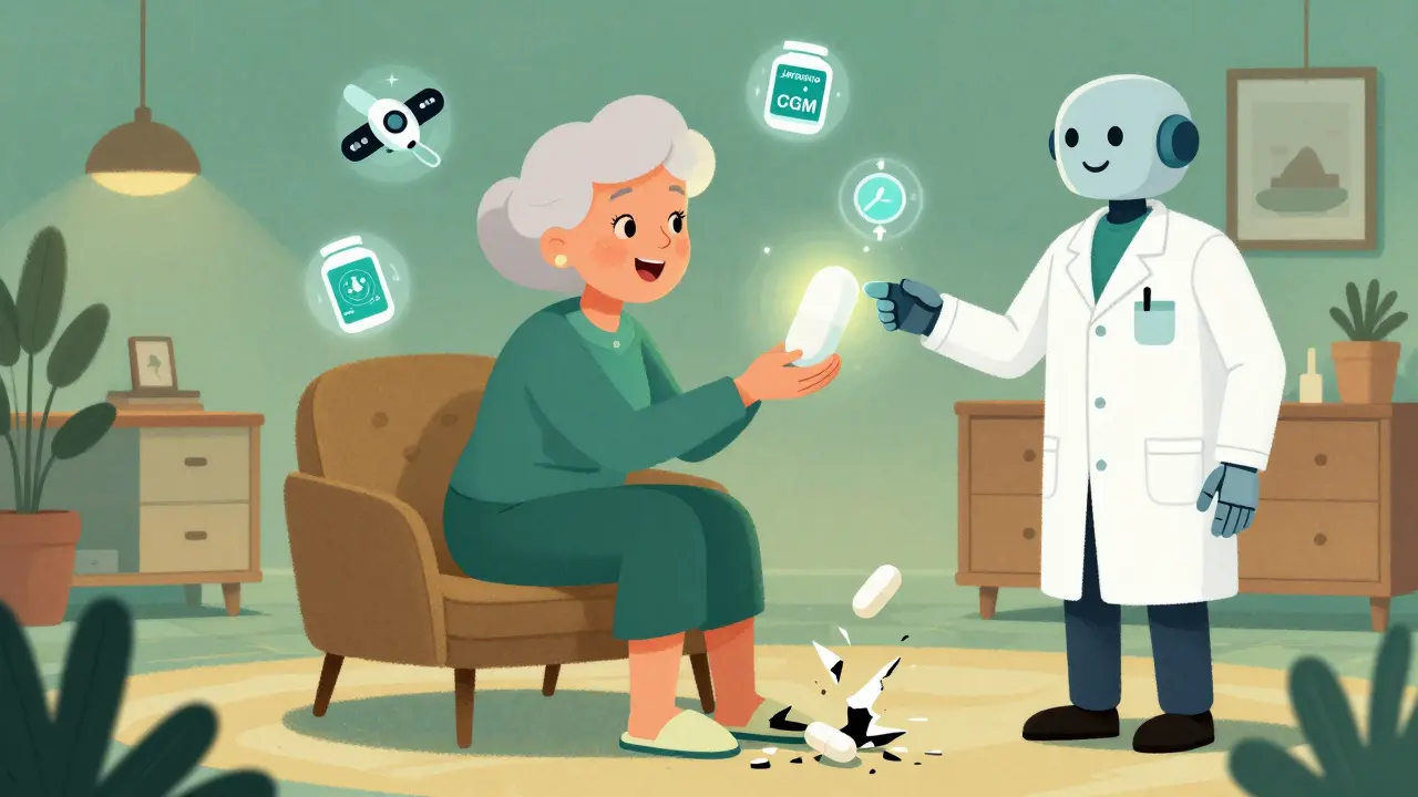 Senior woman receiving a safe diabetes pill from a friendly robot, with protective medication icons floating around her.