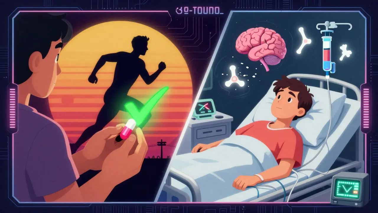 Split scene: one person taking a pill with a runner rising behind them, another receiving IV treatment amid floating brain and joint icons.