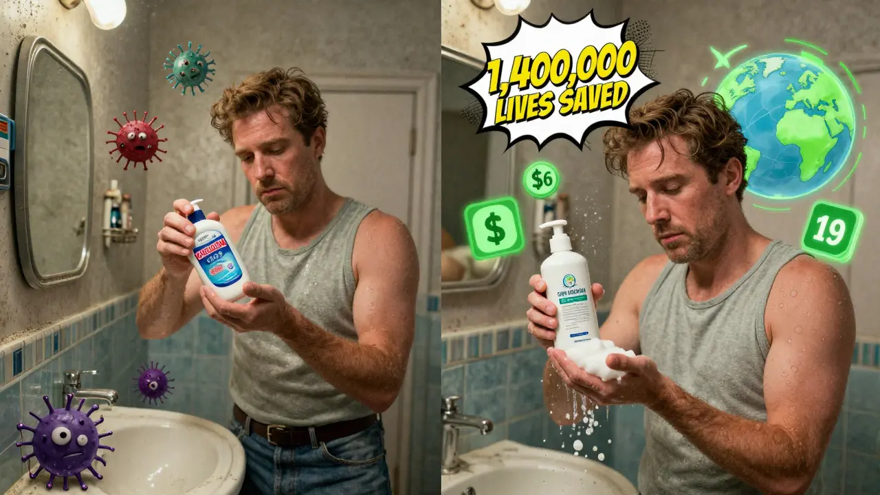 Split scene: outdated antibacterial soap vs. modern hand hygiene with icons of health savings and global impact.