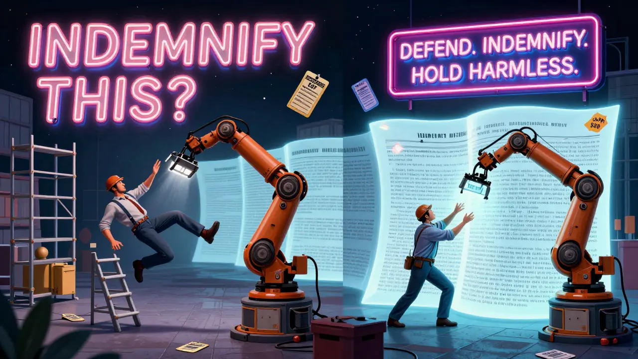 Split scene: worker falling vs. legal force field blocking liability with neon text.