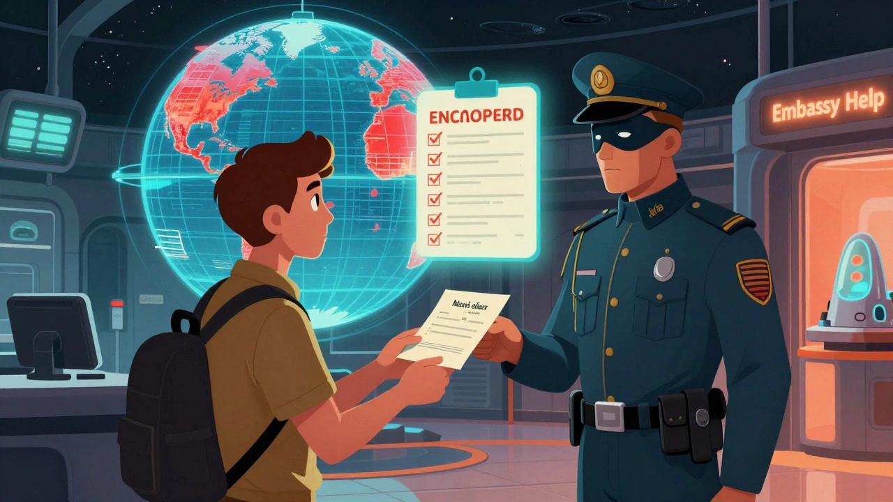 Traveler handing doctor’s letter to customs officer as a digital globe shows banned medications and a checklist glows nearby.