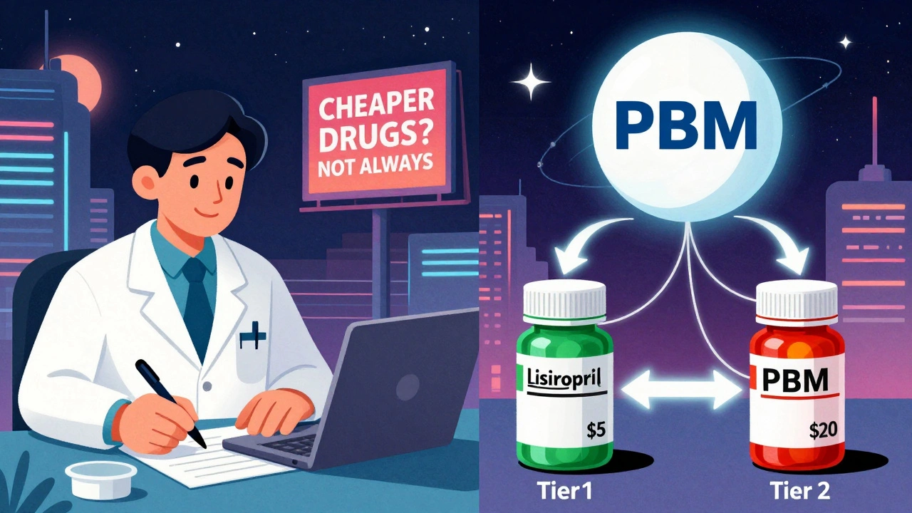 Two identical pill bottles side by side—one costs , the other —connected by contract cables to a shadowy corporate logo in a retro-futuristic scene.