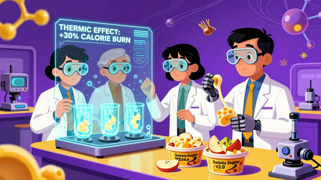 1980s-style lab with scientists analyzing glowing protein samples and a robot dispensing healthy snacks.