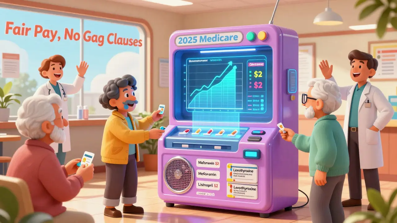 A 2025 Medicare  Drug kiosk where seniors receive affordable generic pills from a retro-style AI dispenser.