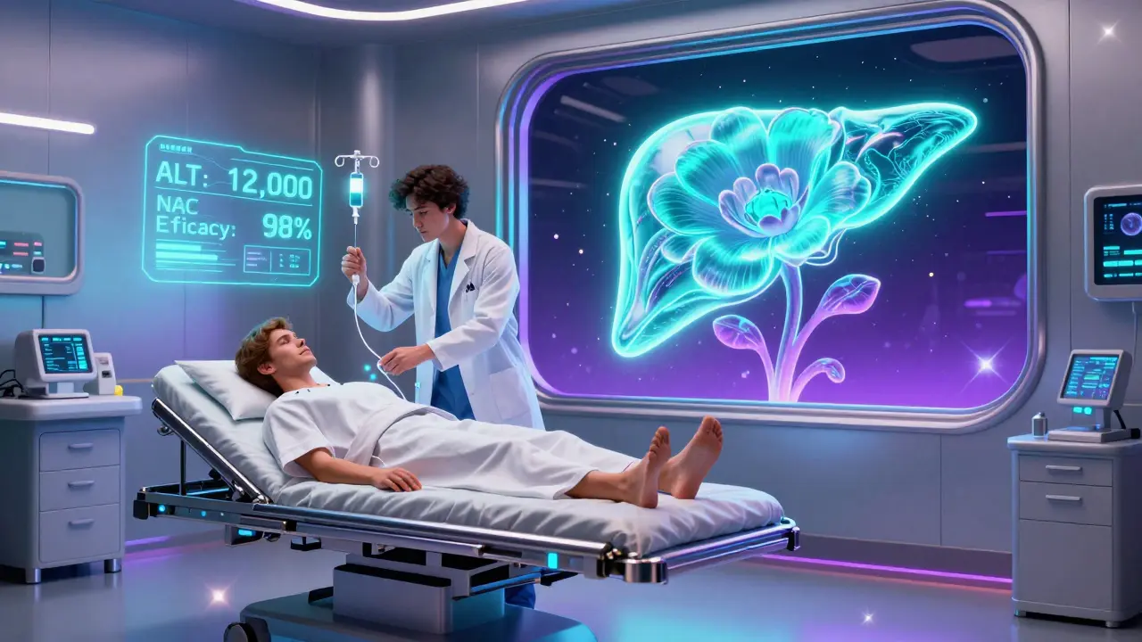 A doctor giving NAC IV in a futuristic ER with holographic liver readings.