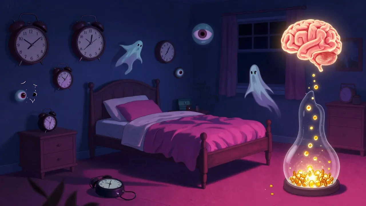 A floating bed at night with dream hallucinations and a leaking brain symbolizing hypocretin loss.