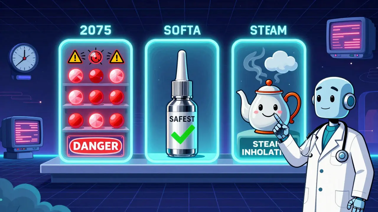 A futuristic pharmacy shelf with dangerous pills, safe nasal spray, and steam teapot, shown in retro-futuristic cartoon style.
