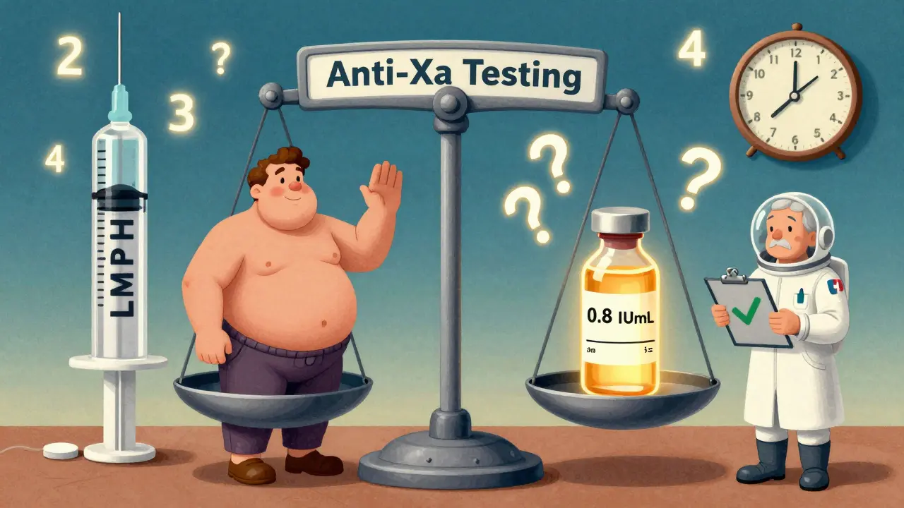 A giant balance scale weighing LMWH doses for obese, elderly, and pregnant patients, with a pharmacist in a space suit holding a checkmark.