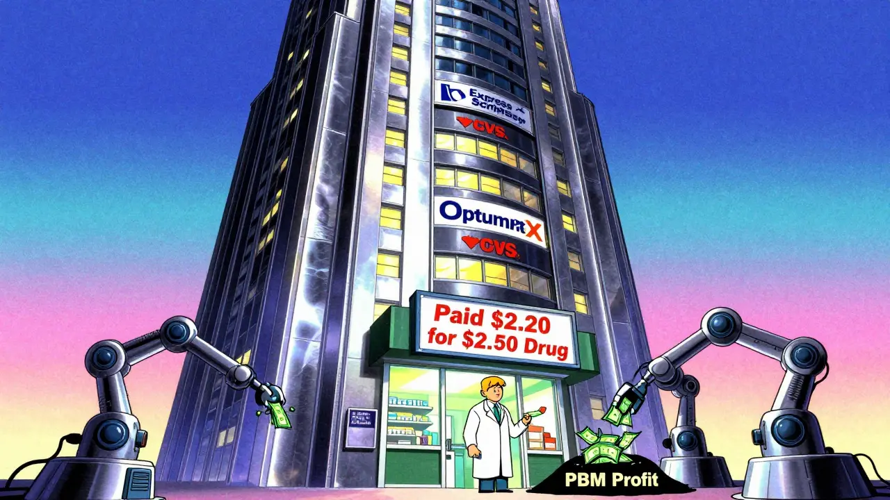 A giant PBM building overshadowing a small pharmacy, with robotic arms dumping money into a profit black hole.