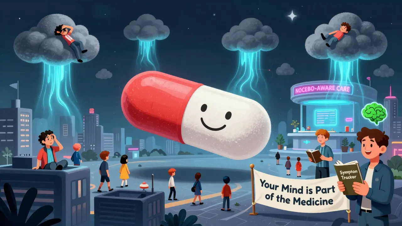 A giant sugar pill floats over a city where some people suffer from imagined side effects, while others are healed by calming blue waves from a nocebo-aware clinic.