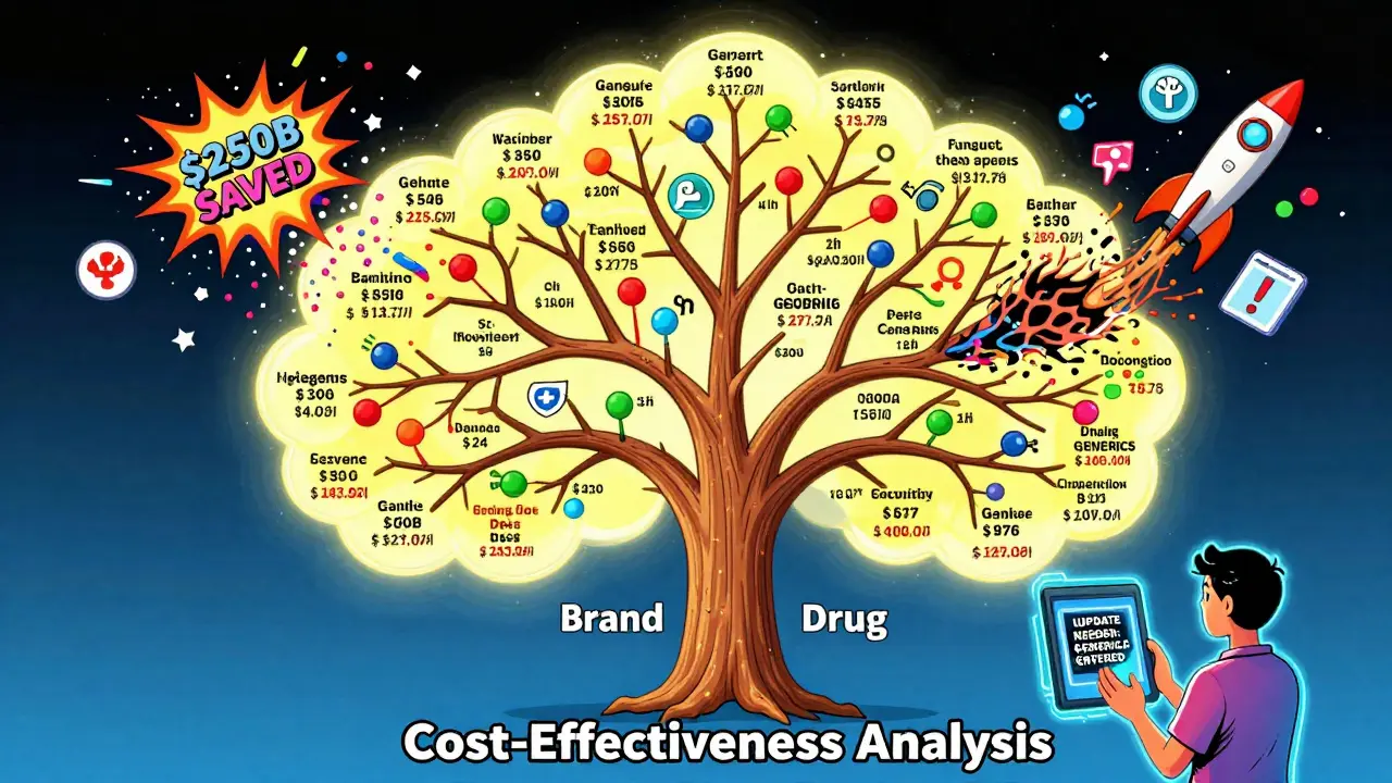 A glowing decision tree shows generic drug price drops exploding into savings, with outdated models withering away.