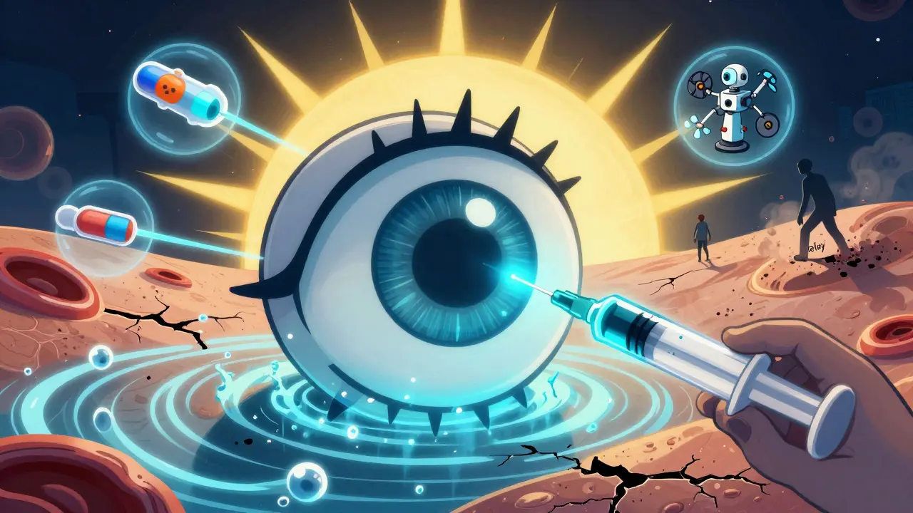 A glowing syringe injecting medicine into a cartoon eye, with healing light waves and floating medical icons in a vibrant retro style.
