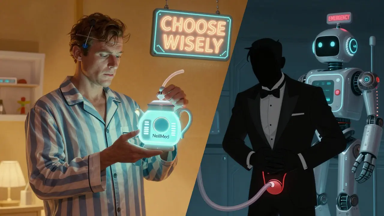 A man safely using a sinus rinse next to a suffering figure with a catheter, in retro-futuristic cartoon style.