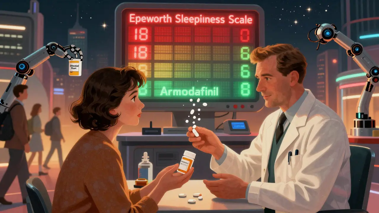 A patient receiving treatment pills as a sleep scale shifts from red to green in a retro-futuristic city.