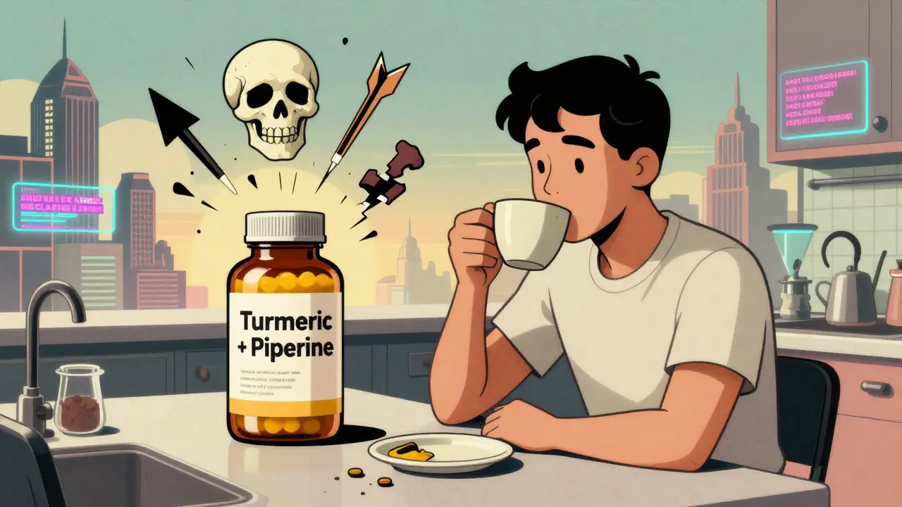 A person drinking golden milk while a dangerous supplement bottle explodes with medical danger symbols.