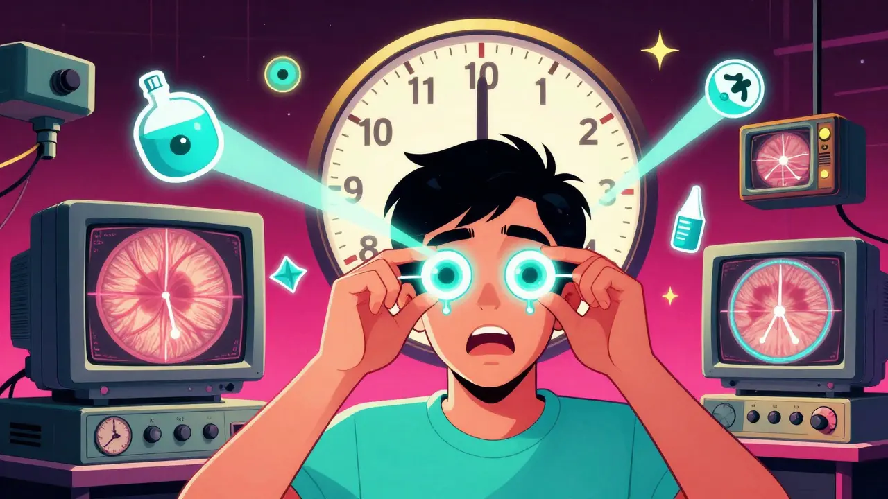 A person removing contact lenses as a digital clock counts down, surrounded by medical icons in a synthwave clinic.