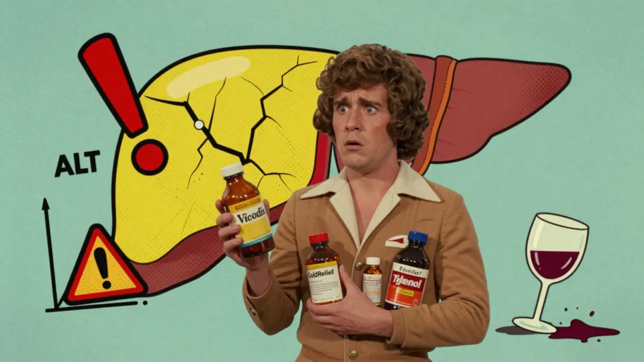 A person surrounded by medicine bottles as their liver turns yellow and cracks.