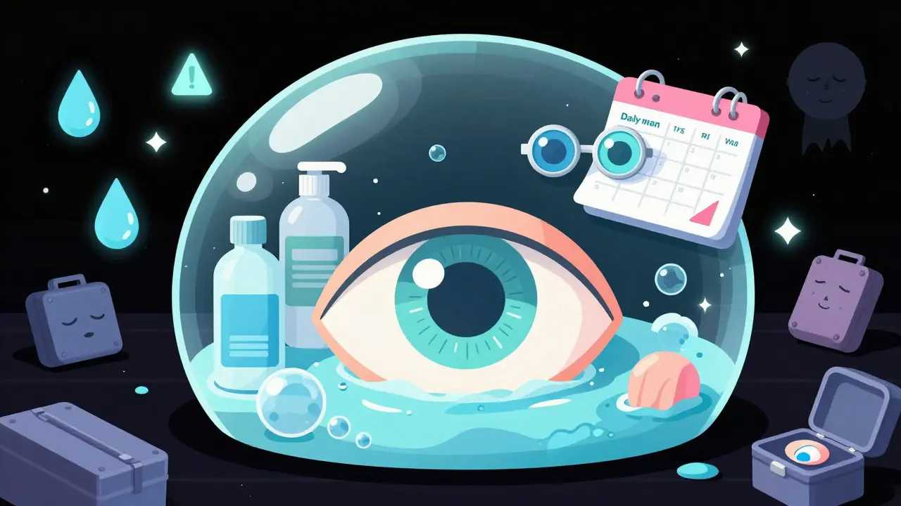A protected eye surrounded by hygiene symbols, repelling water droplets and dirty lens cases in a clean 80s space-age style.