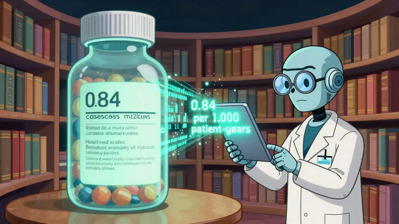 A robotic pharmacist scans pill-bottle bookshelves displaying evolving drug warnings in neon data streams.