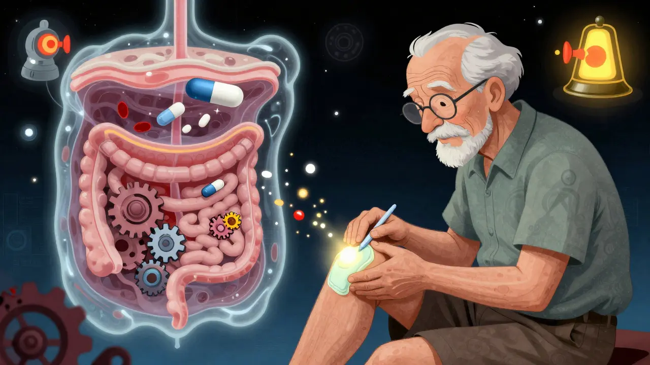 An elderly person applies gel to their knee as skin acts as a filter, blocking most drug particles, with digestive system dangers nearby.