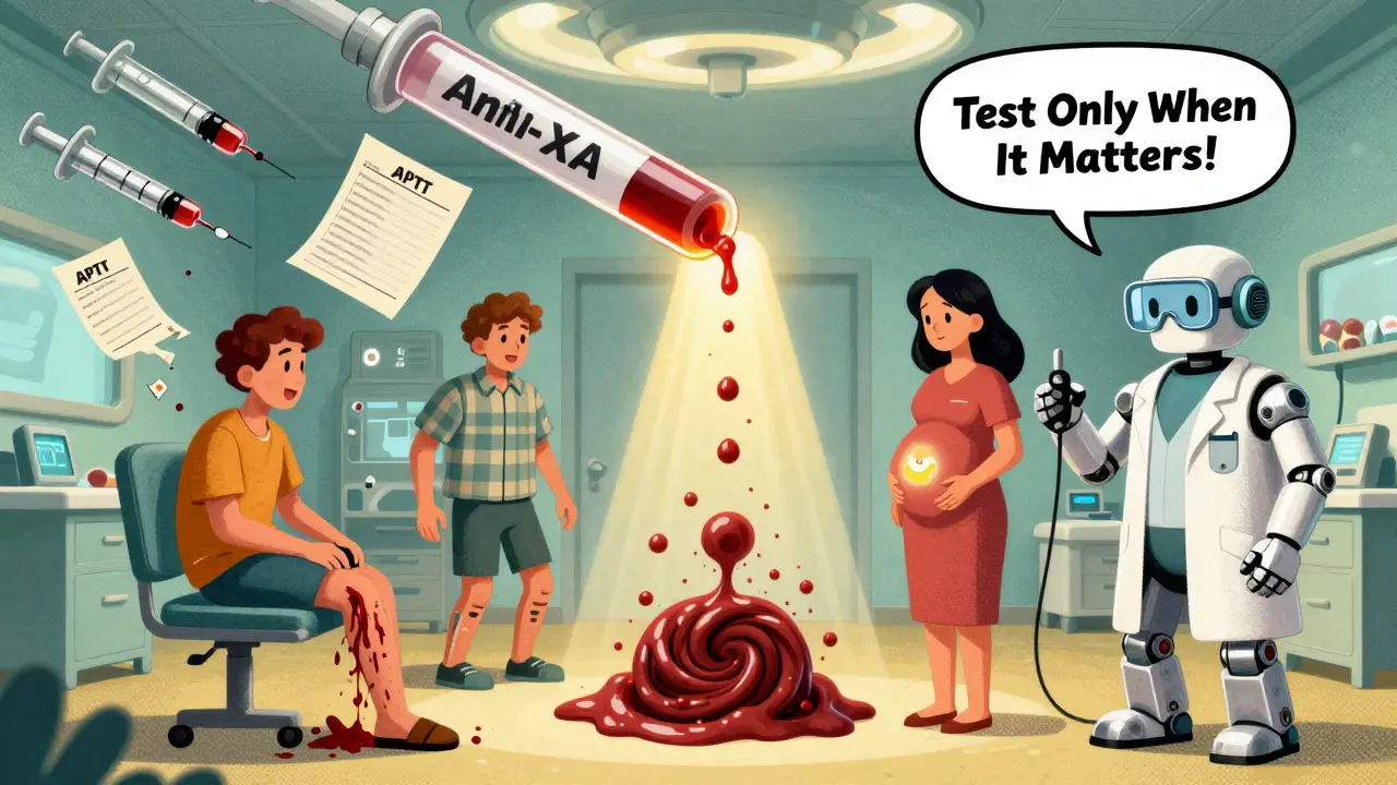 Chaotic ER scene with flying syringes and a giant anti-Xa test tube guiding care to three patients with bleeding, clotting, and pregnancy signs.