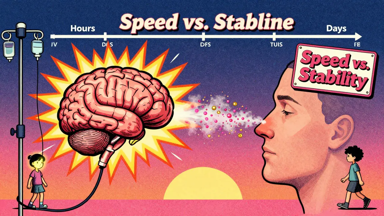 Contrasting cartoon scenes of IV ketamine (energetic) and esketamine (gentle) treatments with timeline and symbols.