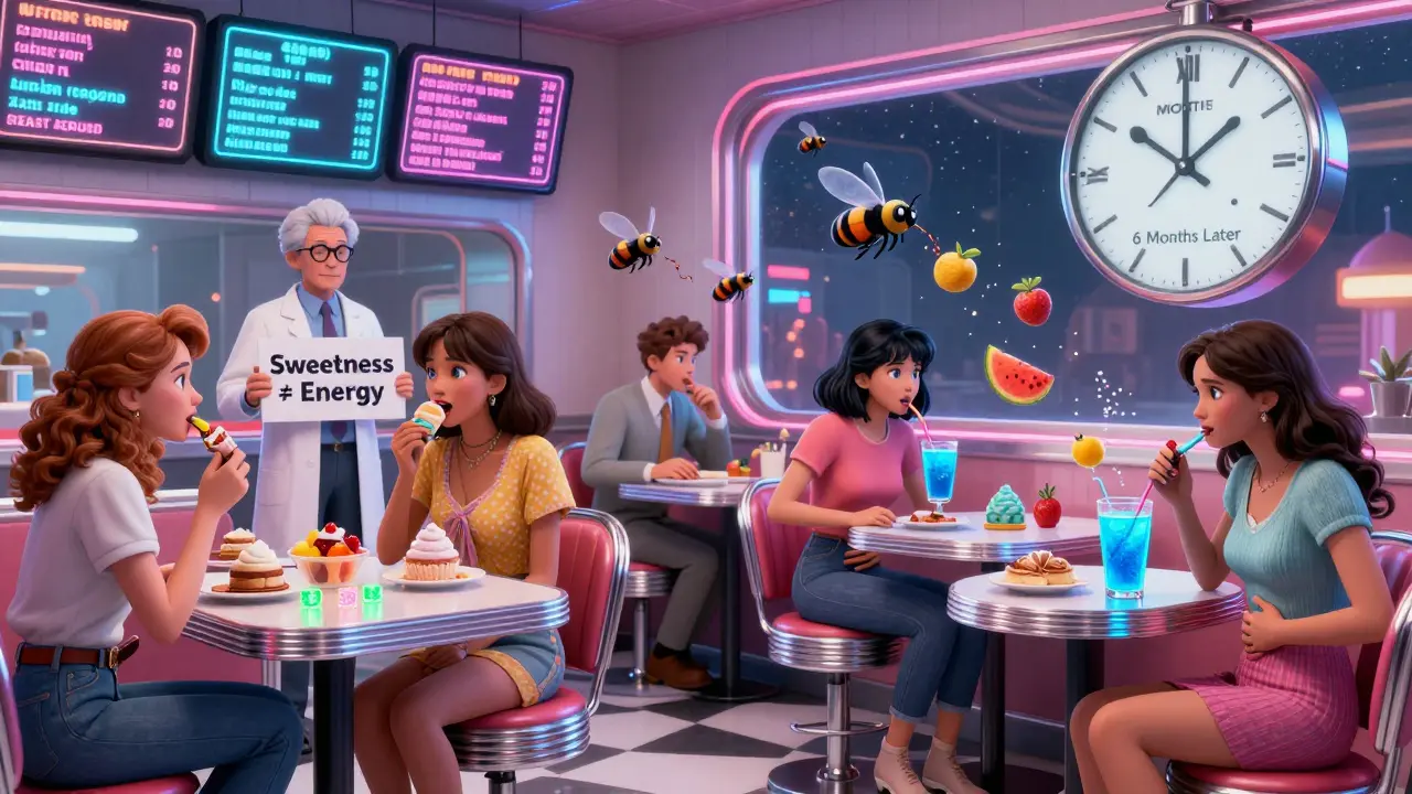 Diner scene showing people reacting differently to sugar and artificial sweeteners in retro-futuristic 2050s setting.