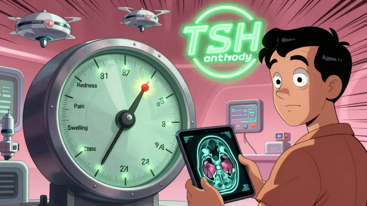 Doctor adjusting a clinical score dial while patient holds an MRI tablet, with glowing orbital muscles and neon medical symbols.