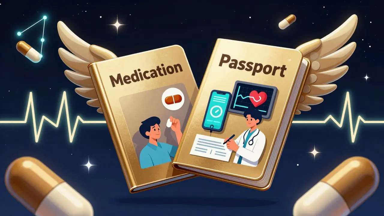 Floating metallic Medication Passport with scenes of health care, glowing against a starry cosmic background.