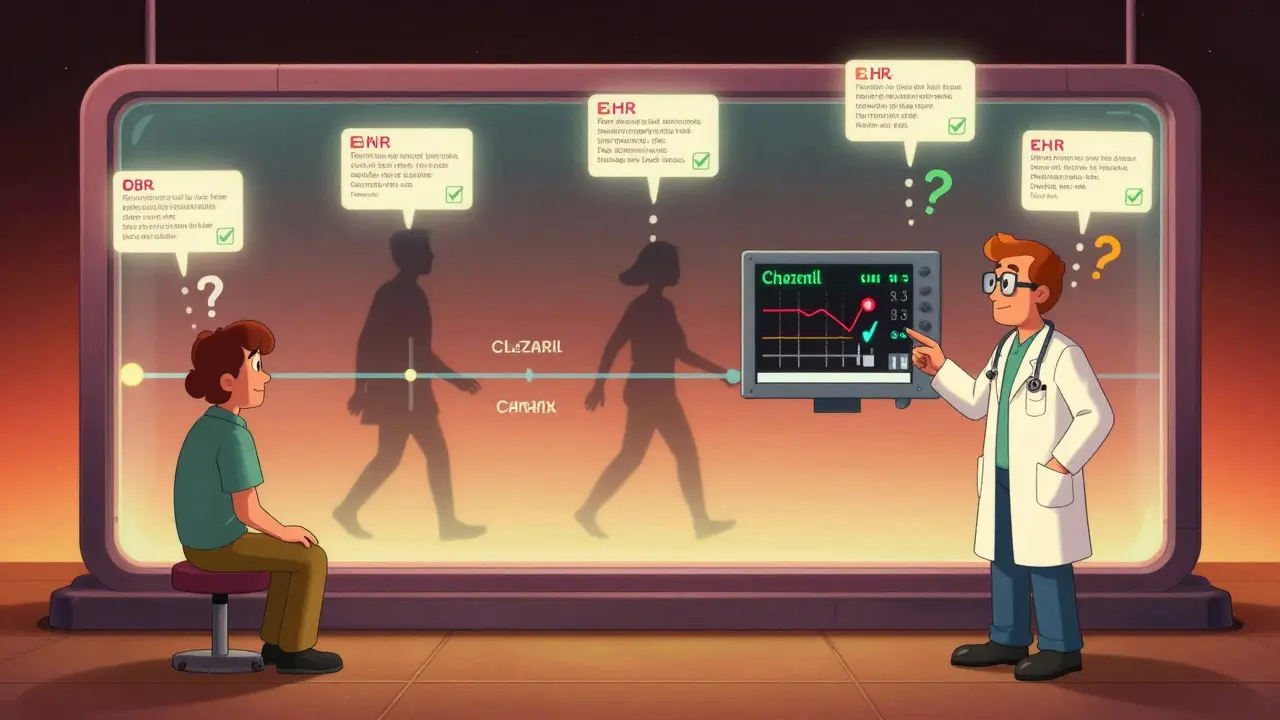 Patient and doctor observe a timeline where drug warnings transform from vague shapes into precise digital alerts.