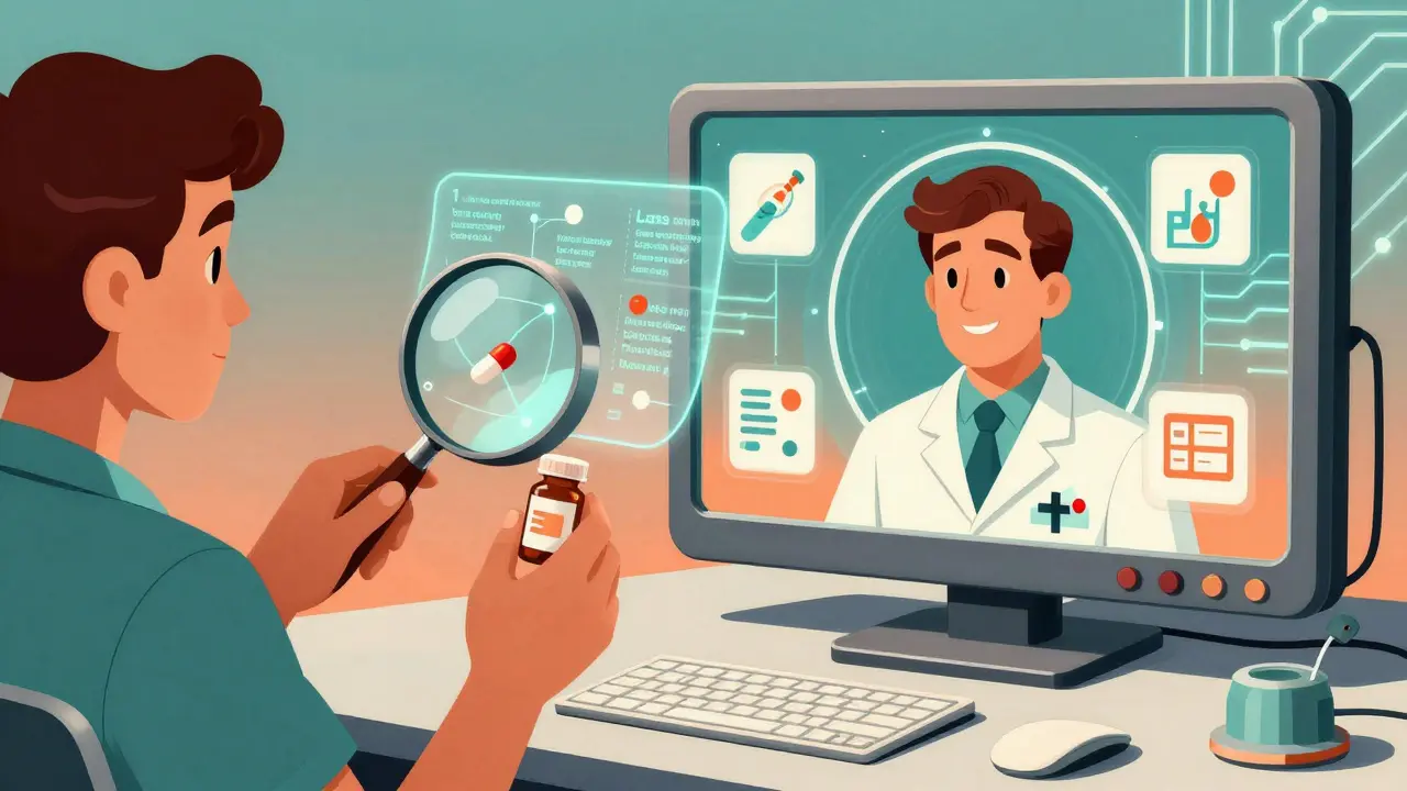 Patient holding pill bottles with holographic drug warnings beside a video call screen with medical icons.