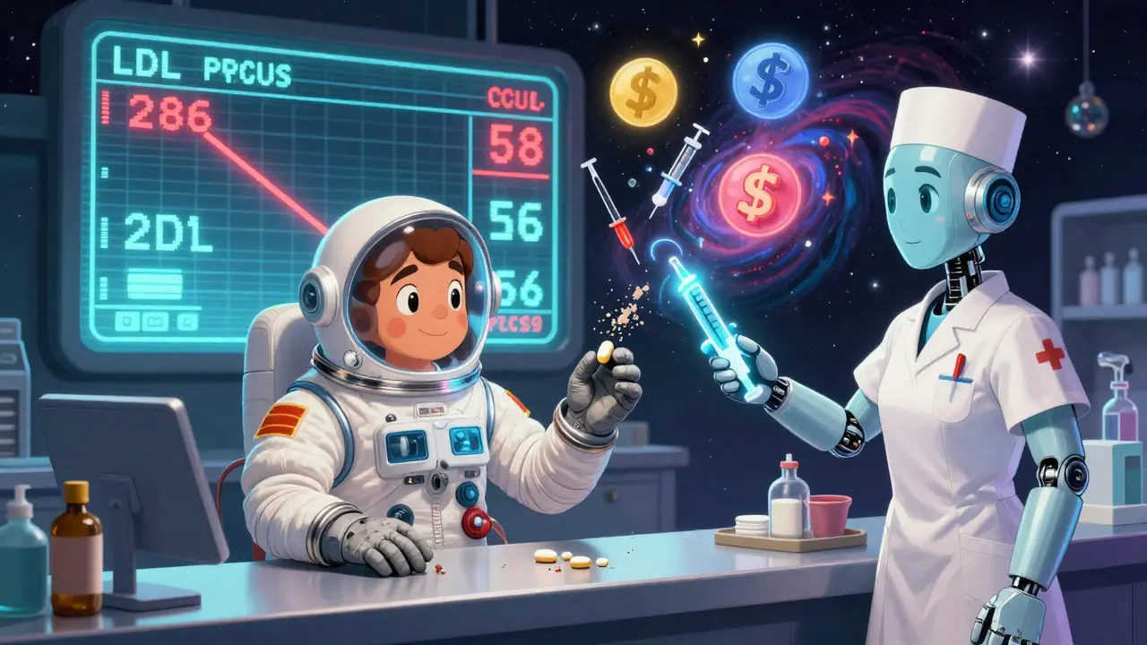 Patient receiving a glowing PCSK9 injector at a cosmic pharmacy while statin pills disintegrate.