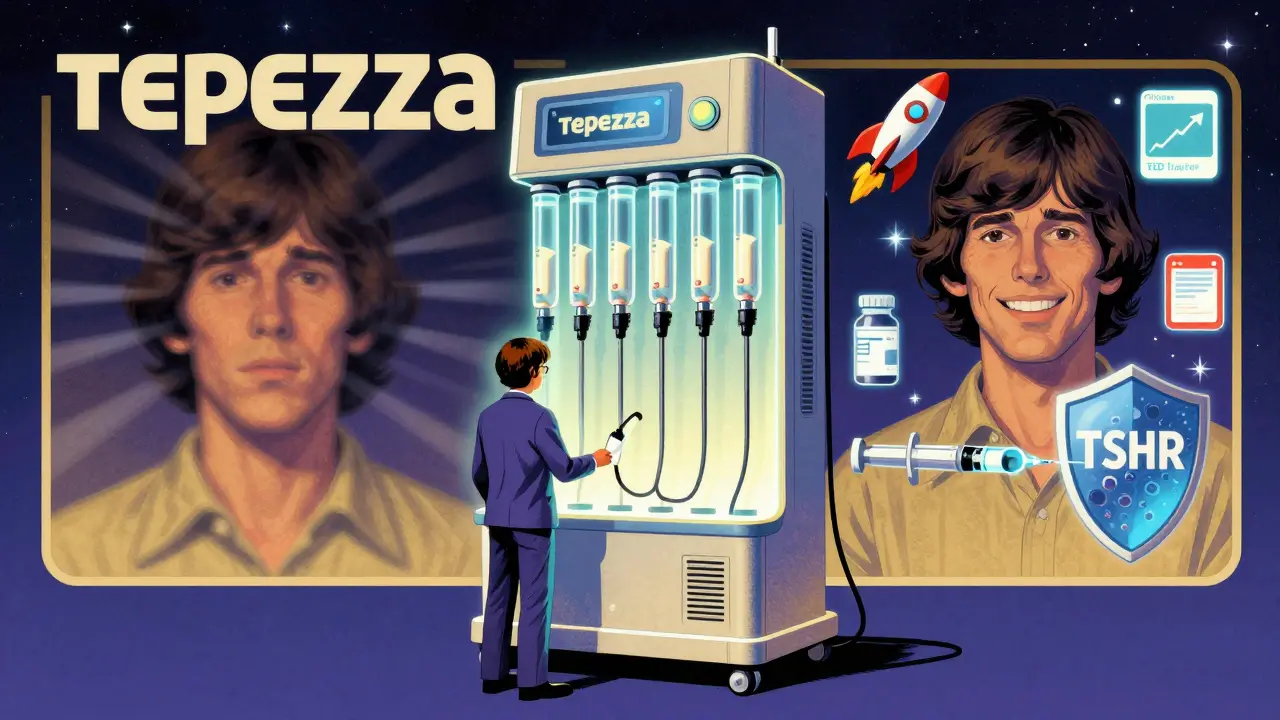 Patient receiving Tepezza infusions as split-screen shows transformation, with quit-smoking rocket and vaccine syringe floating nearby.