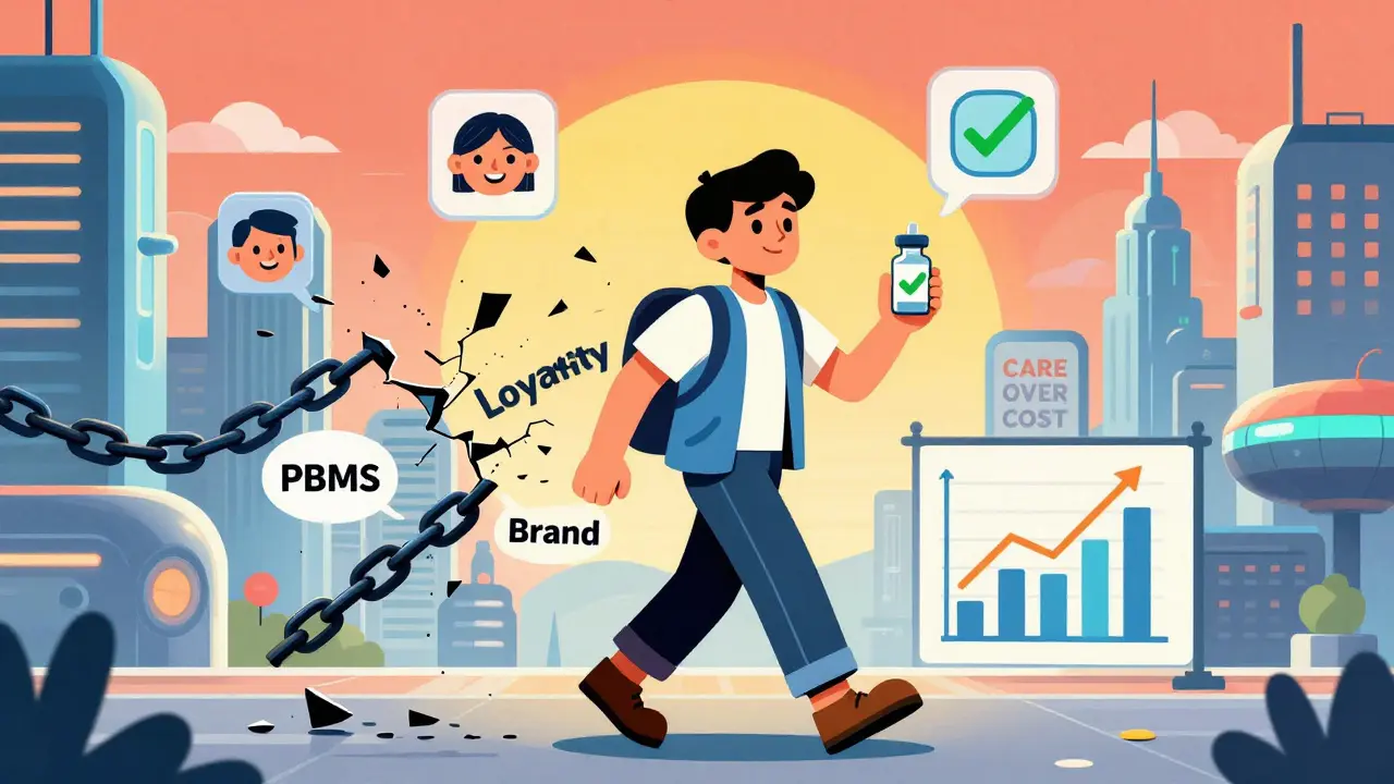 Patient walks confidently through futuristic city with icons of improved health and broken cost barriers.